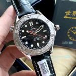 Copy Omega Seamaster Diver 300M Black Face Black Leather Strap Watch